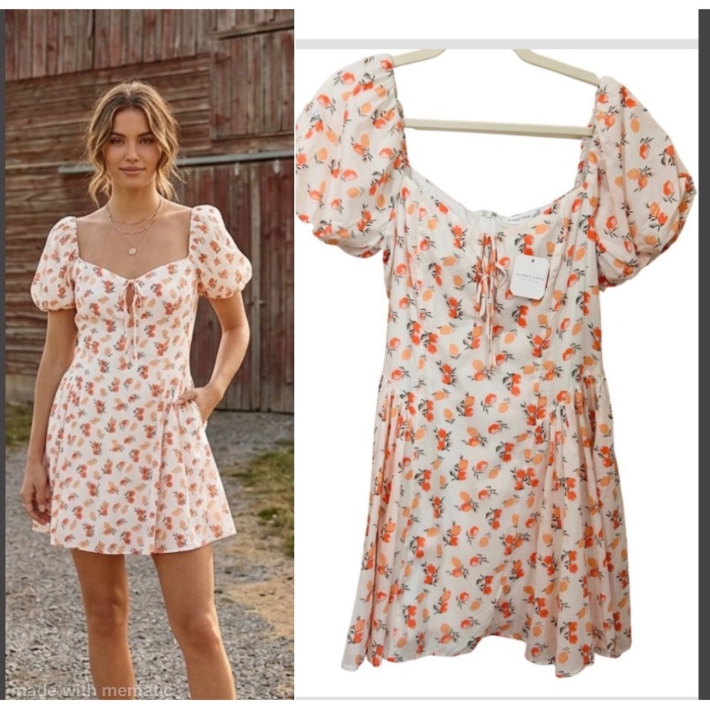 Altar'd State Orange Fruit Print Puff Sleeve Mini Dress Size M Country Cottage